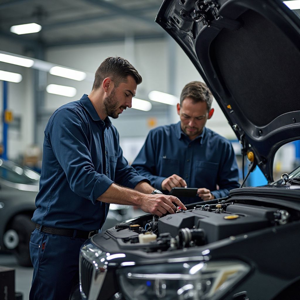 Equipo técnico inspeccionando vehículos